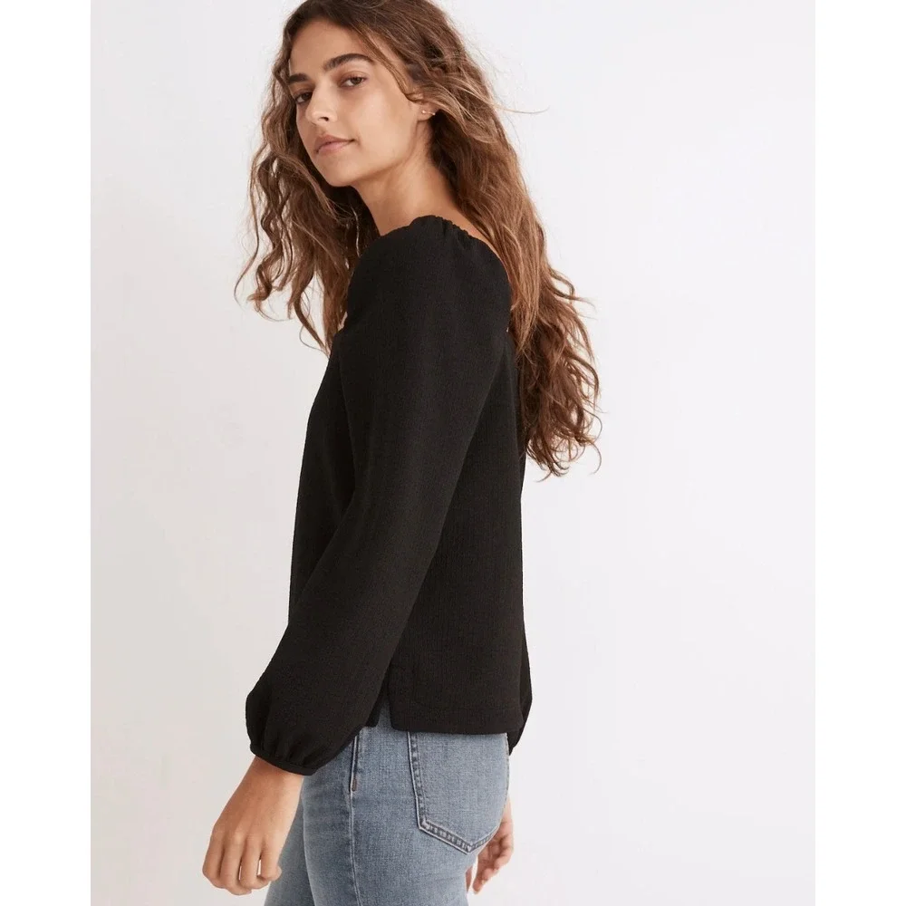 Madewell Crepe Square-Neck Puff-Sleeve Top Black Long Sleeve Romantic Womens‎ XS